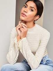 Lipsy White Textured Wide Sleeve High Neck Rib Top - Image 1 of 3