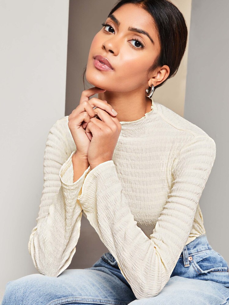 Lipsy White Textured Wide Sleeve High Neck Rib Top - Image 1 of 3