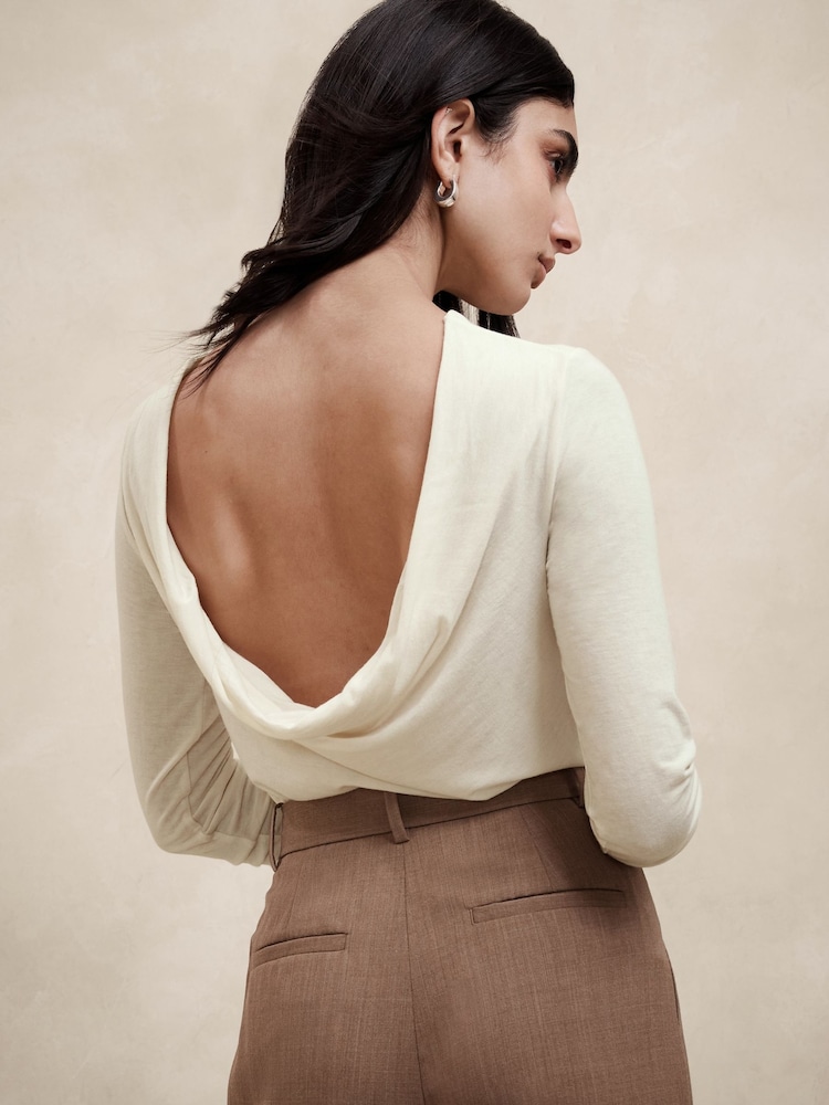 Banana Republic White Aleah Wool-Blend Long Sleeve Cowl Back Top - Image 2 of 4