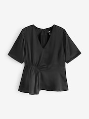 Banana Republic Black Short Sleeve V Neck Ruched Waist Top - Image 1 of 3