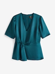 Banana Republic Blue Short Sleeve V Neck Ruched Waist Top - Image 1 of 3