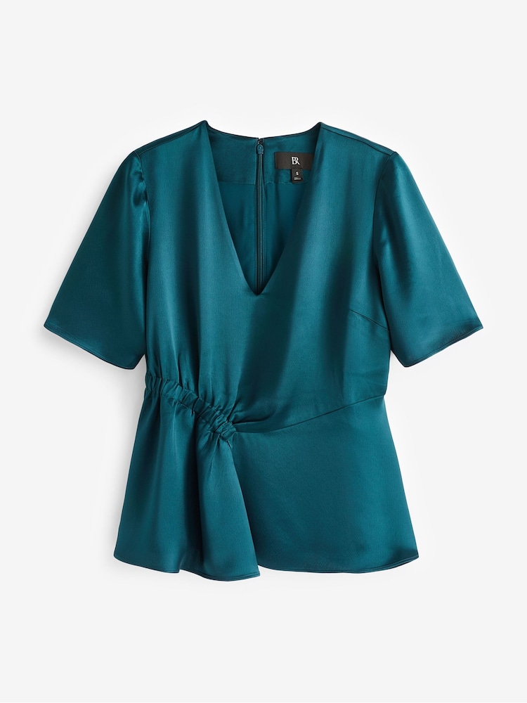 Banana Republic Blue Short Sleeve V Neck Ruched Waist Top - Image 1 of 3