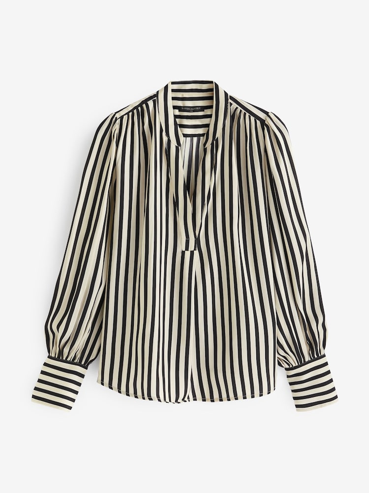 Banana Republic White Stripe Volume Sleeve Blouse - Image 1 of 3 Banana Republic White Stripe Volume Sleeve Blouse - Image 1 of 3