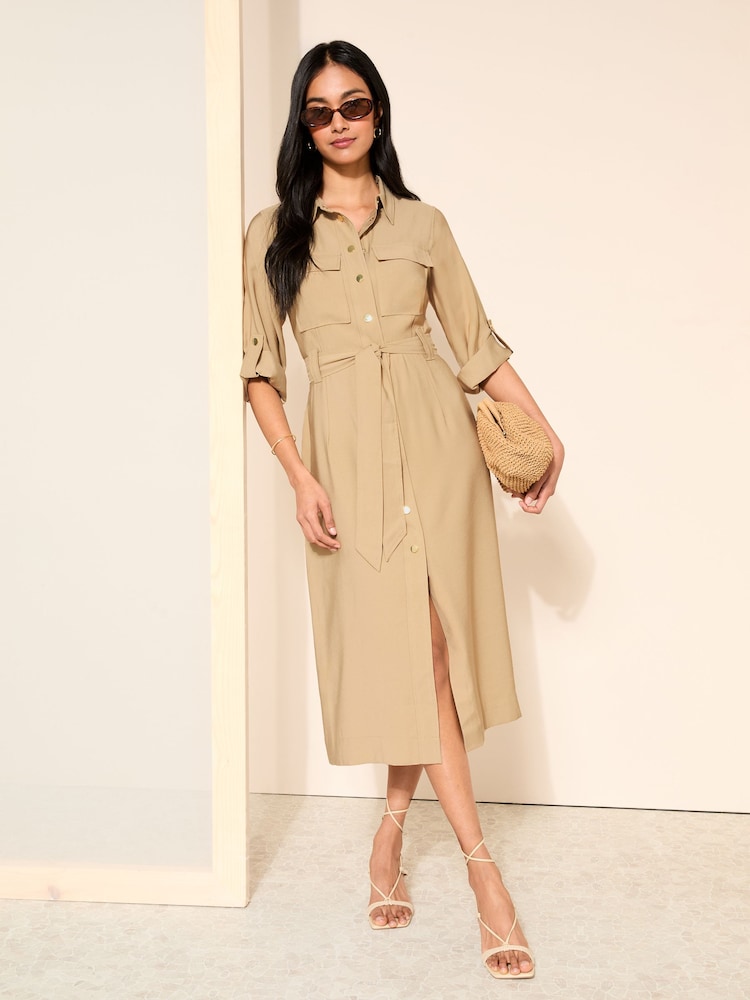 Friends Like These Cream Roll Sleeve Utility Tailored Dress - Image 1 of 4 Friends Like These Cream Roll Sleeve Utility Tailored Dress - Image 1 of 4