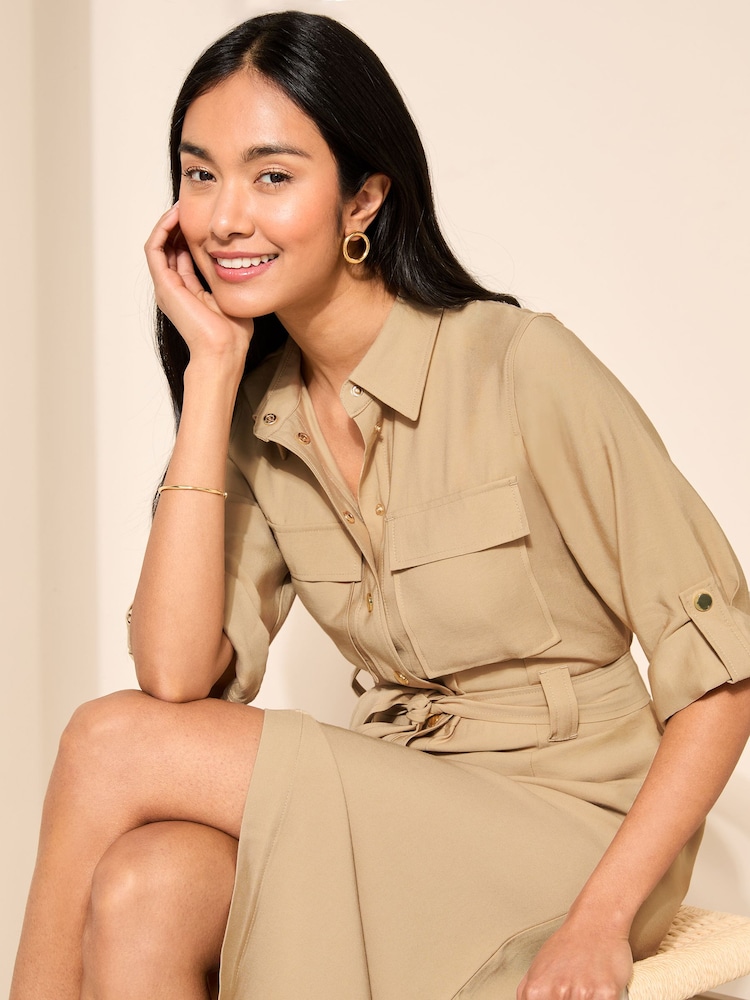 Friends Like These Cream Roll Sleeve Utility Tailored Dress - Image 2 of 4 Friends Like These Cream Roll Sleeve Utility Tailored Dress - Image 2 of 4