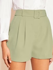 Friends Like These Sage Green Buckle Front Tailored Shorts - Image 3 of 4