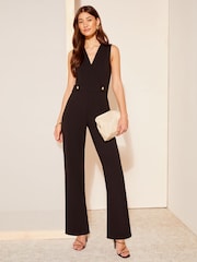 Friends Like These Black Wrap Front Detail V Neck Tailored Jumpsuit - Image 3 of 4