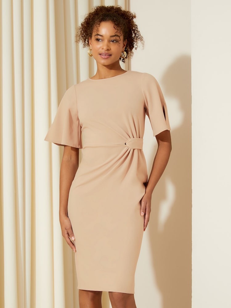 Friends Like These Cream Tailored Knot Detail Flutter Sleeve Midi Dress - Image 1 of 4 Friends Like These Cream Tailored Knot Detail Flutter Sleeve Midi Dress - Image 1 of 4