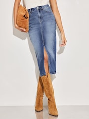 Lipsy Mid Wash Blue Petite Denim High Rise Split Front Midi Skirt - Image 1 of 4