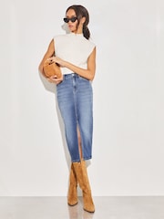 Lipsy Mid Wash Blue Petite Denim High Rise Split Front Midi Skirt - Image 4 of 4