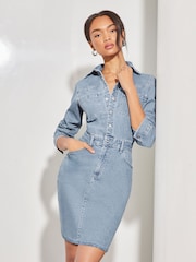 Lipsy Blue Denim Button Through Summer Mini Shirt Dress - Image 1 of 4