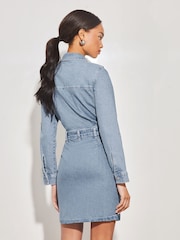Lipsy Blue Denim Button Through Summer Mini Shirt Dress - Image 2 of 4