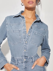 Lipsy Blue Denim Button Through Summer Mini Shirt Dress - Image 4 of 4
