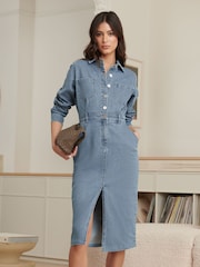 Lipsy Blue Denim Button Through Midi Dress - Image 1 of 5