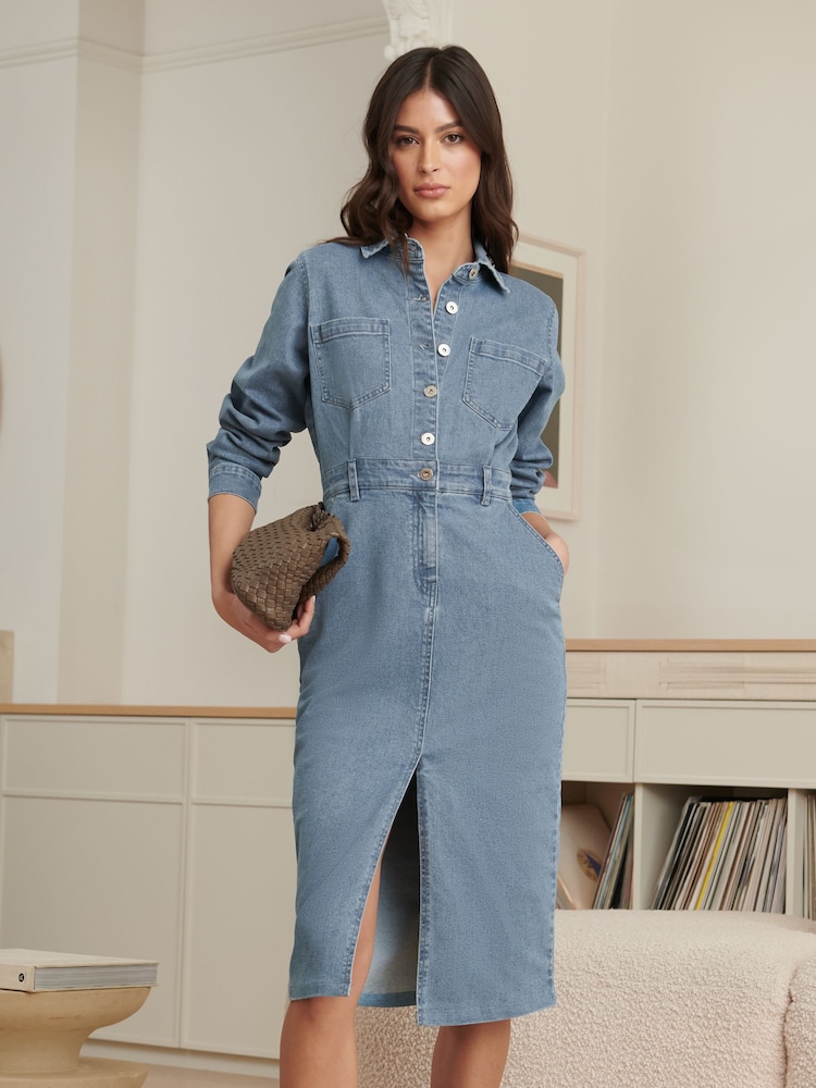 Lipsy Blue Denim Button Through Midi Dress - Image 1 of 5