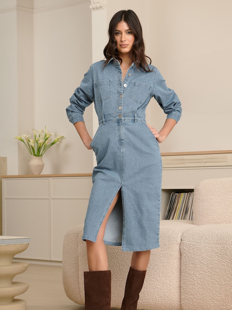 Lipsy Blue Denim Button Through Midi Dress - Image 2 of 5