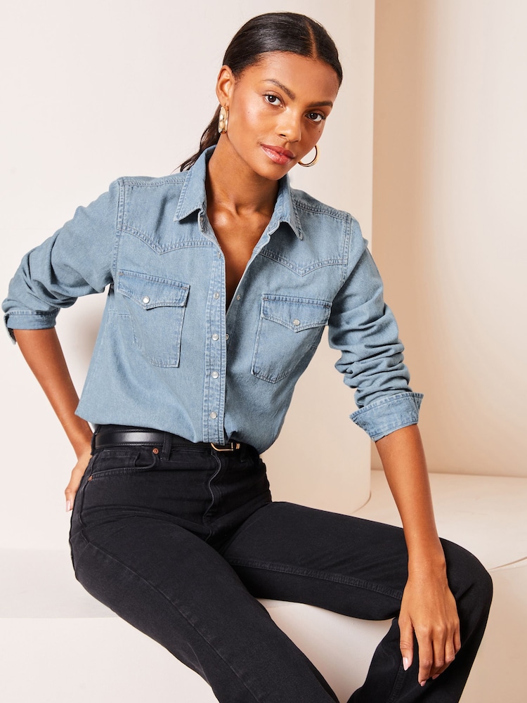 Lipsy Blue Denim Western Button Through Shirt - Image 1 of 1
