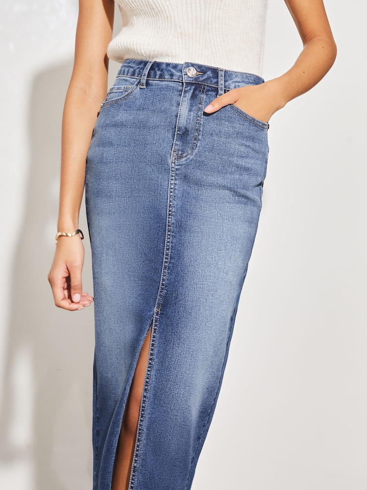 Lipsy Mid Wash Blue Denim High Rise Split Front Midi Skirt - Image 2 of 4 Lipsy Mid Wash Blue Denim High Rise Split Front Midi Skirt - Image 2 of 4