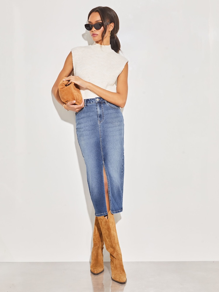 Lipsy Mid Wash Blue Denim High Rise Split Front Midi Skirt - Image 4 of 4
