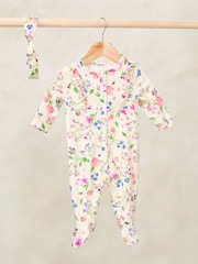 Love & Roses Cream Floral Velour Sleepsuit With Matching Headband (0-2yrs) - Image 1 of 3