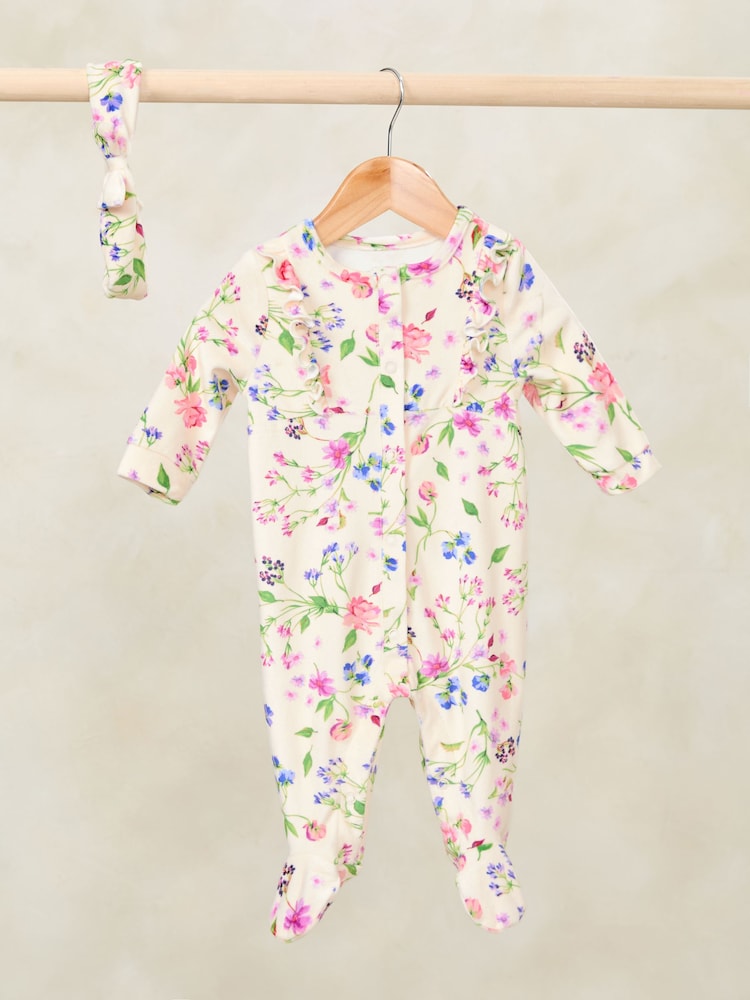 Love & Roses Cream Floral Velour Sleepsuit With Matching Headband (0-2yrs) - Image 1 of 3