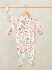 Love & Roses Cream Floral Velour Sleepsuit With Matching Headband (0-2yrs) - Image 2 of 3