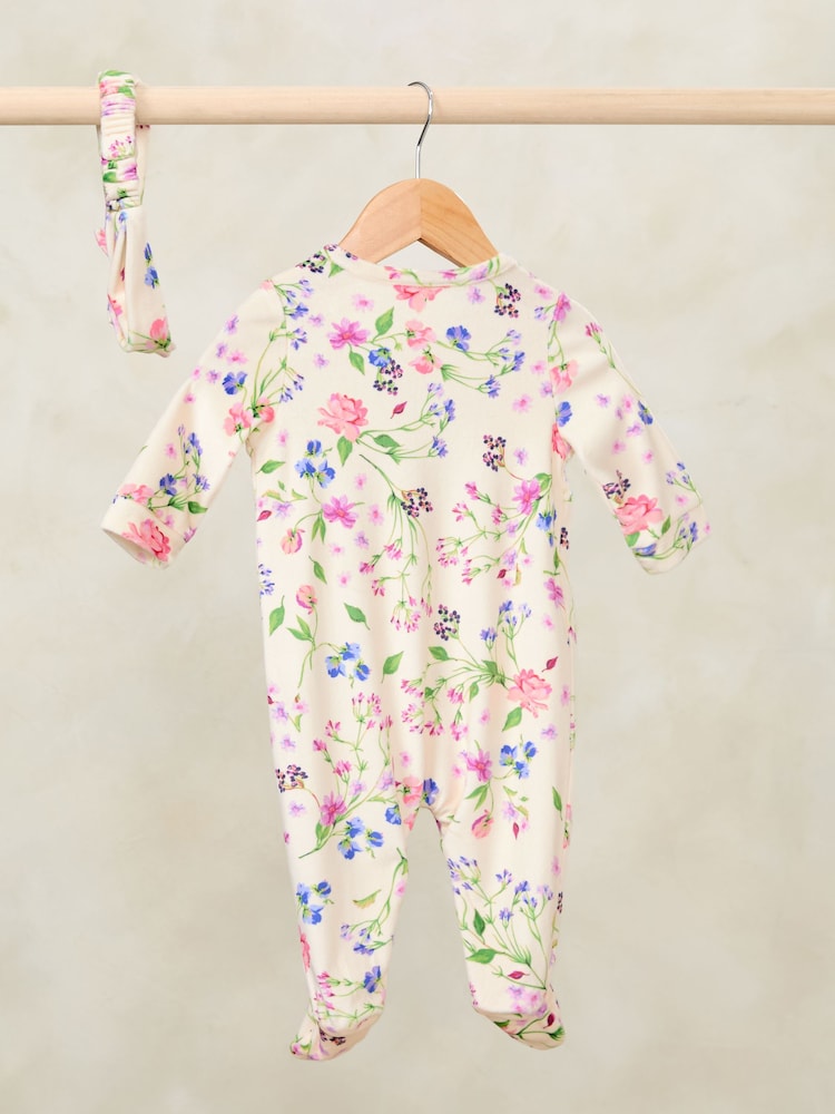 Love & Roses Cream Floral Velour Sleepsuit With Matching Headband (0-2yrs) - Image 2 of 3