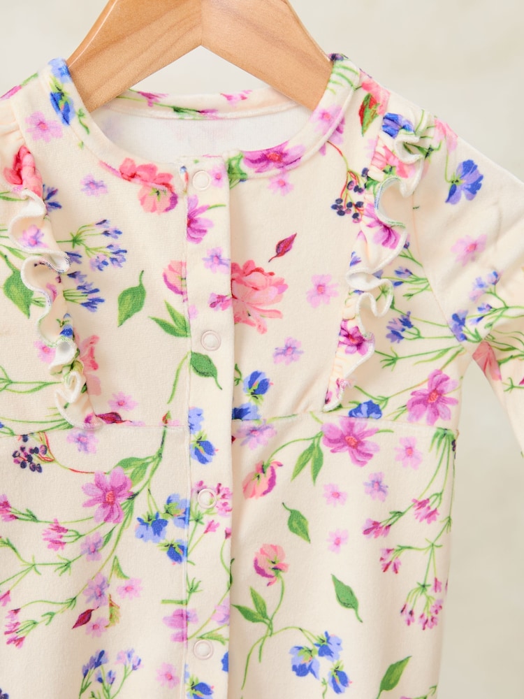 Love & Roses Cream Floral Velour Sleepsuit With Matching Headband (0-2yrs) - Image 3 of 3
