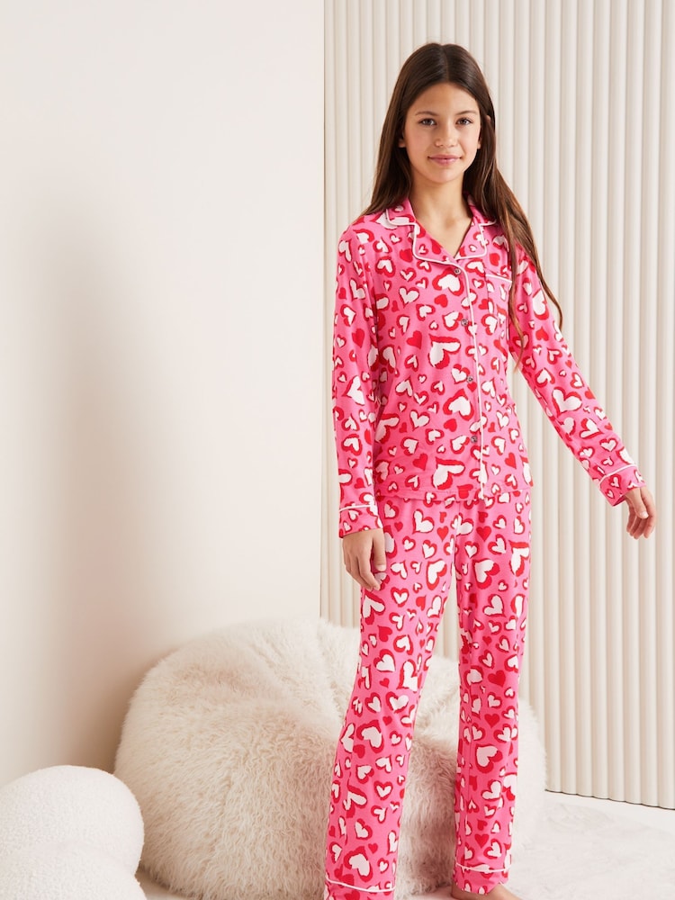 Lipsy Pink/Red Heart Print Jersey Pyjamas (2-16yrs) - Image 2 of 4