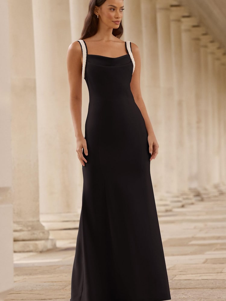 Lipsy Black Pearl Strap Cowl Maxi Bridesmaid Dress - Image 4 of 4