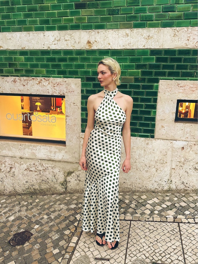 Amy Lynn Green Baia Polka Dot Satin Halter Dress - Image 2 of 8