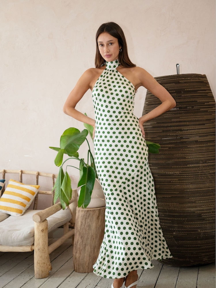 green satin polka dot dress Green Polka Dot Dress - Satin Mini Dress - Mini Halter Dress