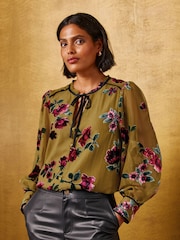 Olive Grön - Love & Roses Burnout Notch Neck Långärmad Blus - Bild 1 av 5