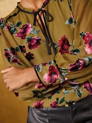 Olive Grön - Love & Roses Burnout Notch Neck Långärmad Blus - Bild 2 av 5