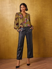 Olive Grön - Love & Roses Burnout Notch Neck Långärmad Blus - Bild 3 av 5