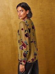 Olive Grön - Love & Roses Burnout Notch Neck Långärmad Blus - Bild 4 av 5