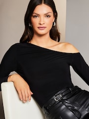 Lipsy Black Asymmetic Bardot Neck Slinky Top - Image 1 of 4