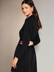 Lipsy Black Long Sleeve Tie Waist Jersey Mini Shirt Dress - Image 2 of 4