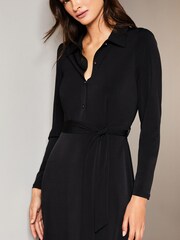 Lipsy Black Long Sleeve Tie Waist Jersey Mini Shirt Dress - Image 3 of 4