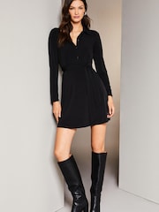 Lipsy Black Long Sleeve Tie Waist Jersey Mini Shirt Dress - Image 4 of 4