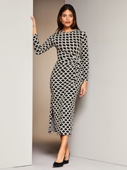 Lipsy Black/White Tie Side Long Sleeve Column Midi Dress - Image 1 of 4