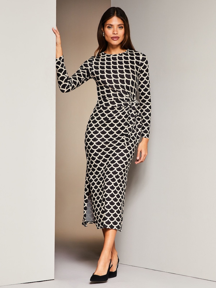 Lipsy Black/White Tie Side Long Sleeve Column Midi Dress - Image 1 of 4 Lipsy Black/White Tie Side Long Sleeve Column Midi Dress - Image 1 of 4