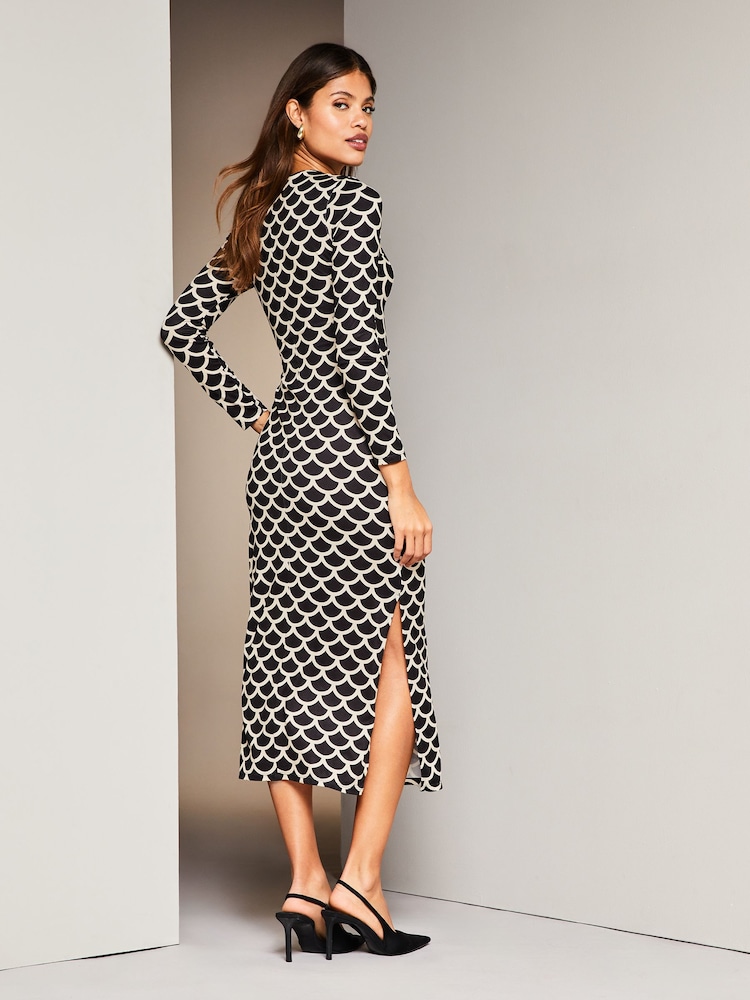 Lipsy Black/White Tie Side Long Sleeve Column Midi Dress - Image 2 of 4