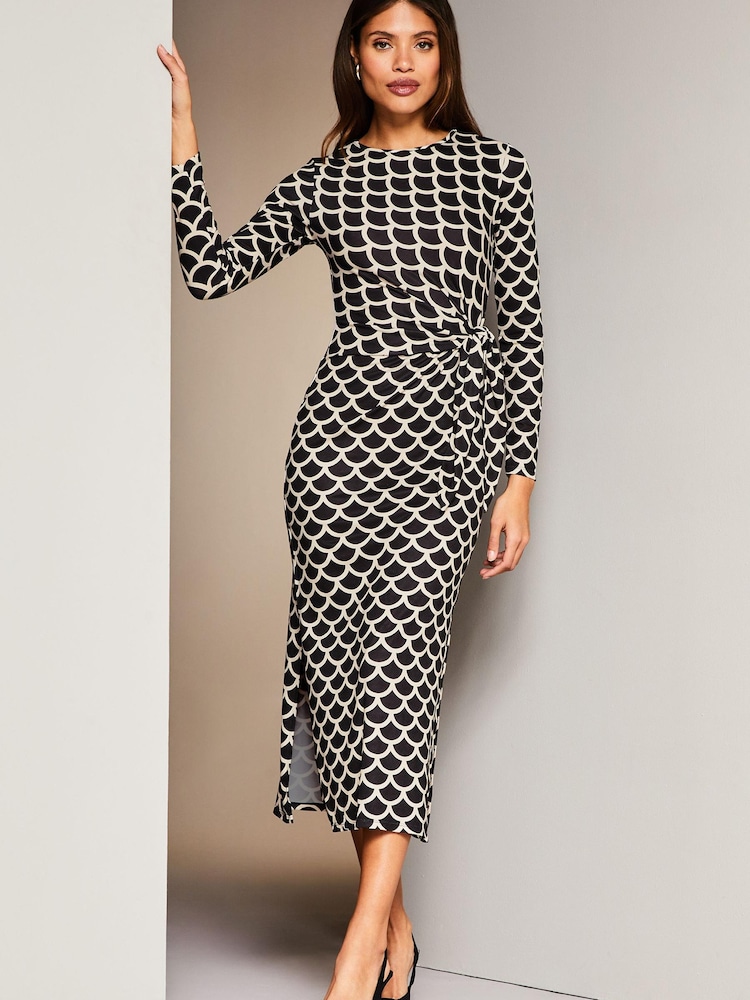 Lipsy Black/White Petite Tie Side Long Sleeve Column Midi Dress - Image 1 of 4 Lipsy Black/White Petite Tie Side Long Sleeve Column Midi Dress - Image 1 of 4