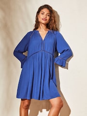 Lipsy Blue Long Sleeve V Neck Crinkle Smock Summer Mini Dress - Image 2 of 4