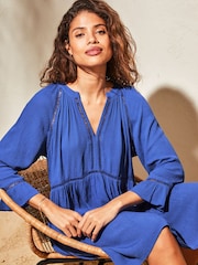 Lipsy Blue Long Sleeve V Neck Crinkle Smock Summer Mini Dress - Image 3 of 4