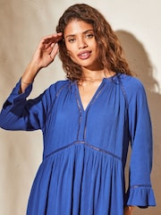 Lipsy Blue Long Sleeve V Neck Crinkle Smock Summer Mini Dress - Image 4 of 4