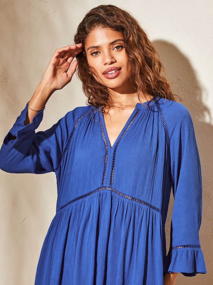 Lipsy Blue Long Sleeve V Neck Crinkle Smock Summer Mini Dress - Image 4 of 4