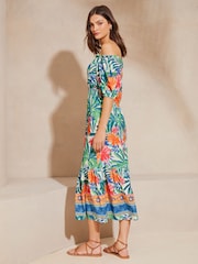 Lipsy Green Tropical Print Bardot Tiered Midi Holiday Dress - Image 2 of 4