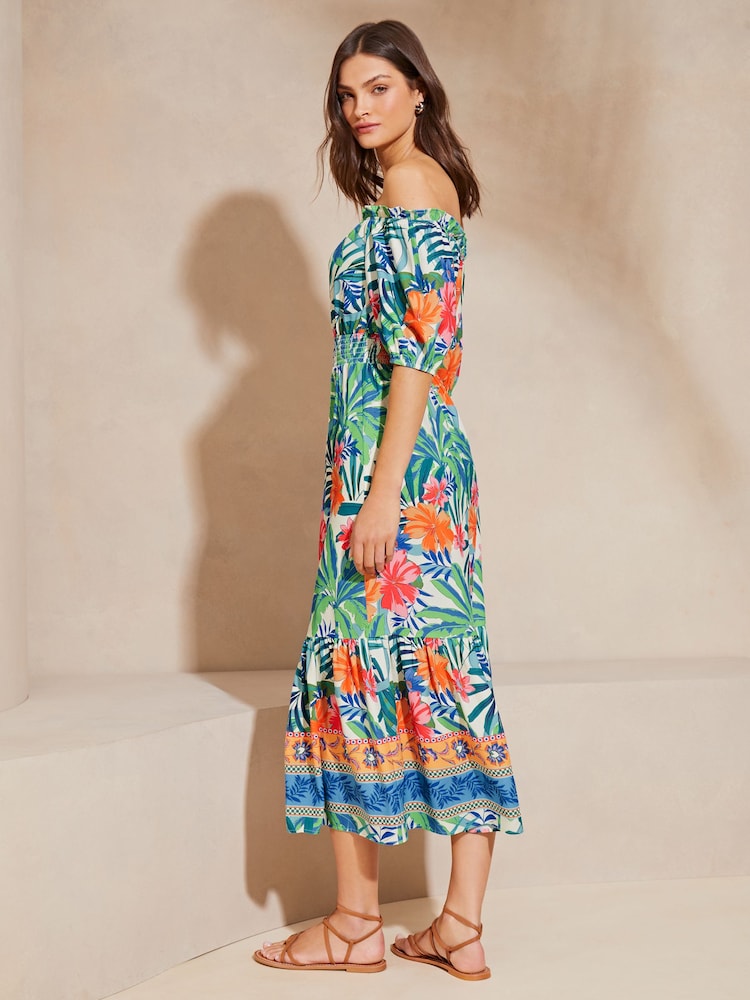 Lipsy Green Tropical Print Bardot Tiered Midi Holiday Dress - Image 2 of 4